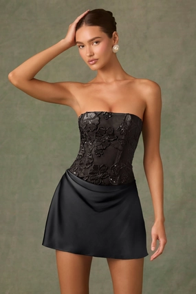 Embellished Draped Strapless A-Line Mini Dress in Black Dresses - dresses on sale