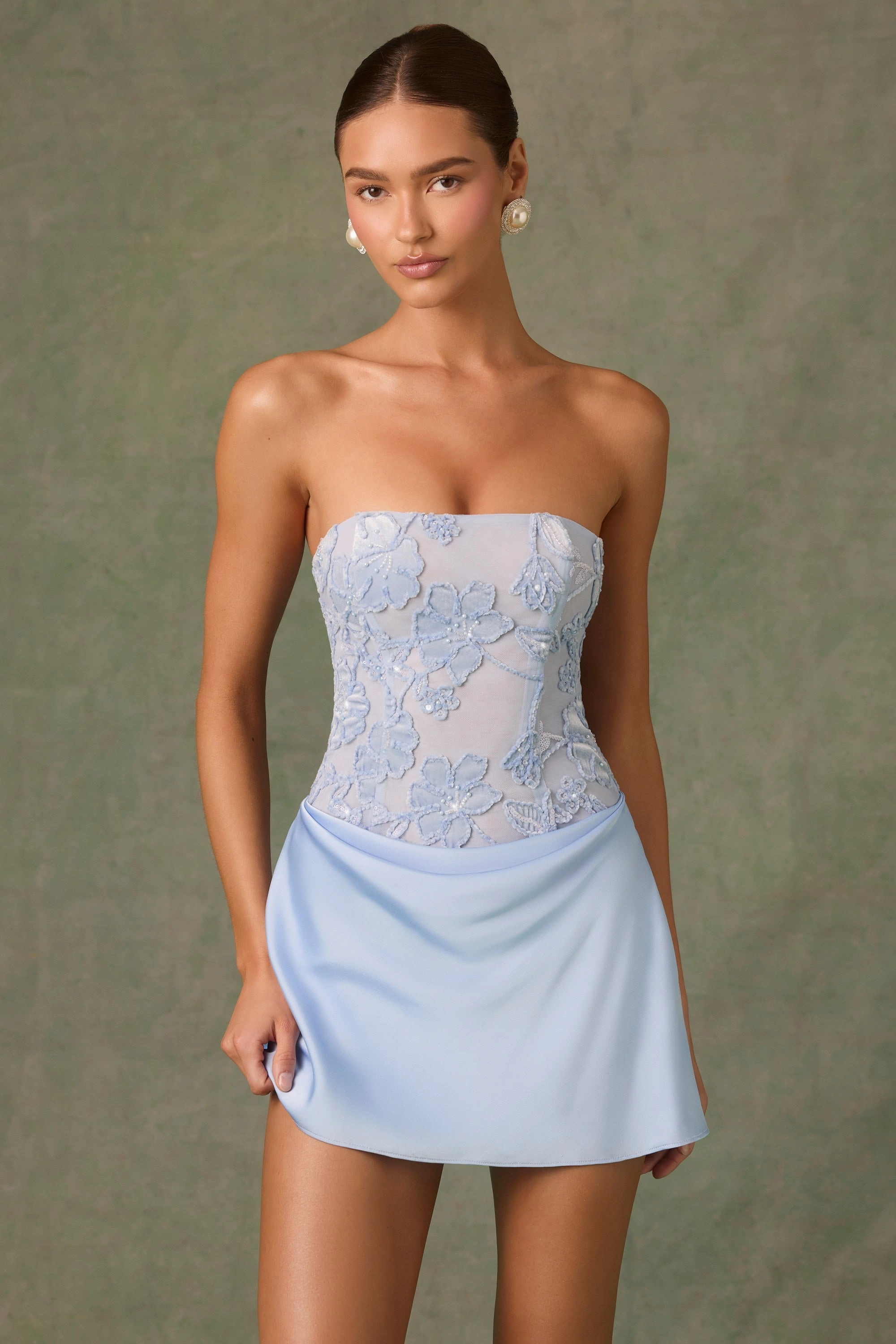 Embellished Draped Strapless A-Line Mini Dress in Sky Blue Dresses - evening gowns outlet