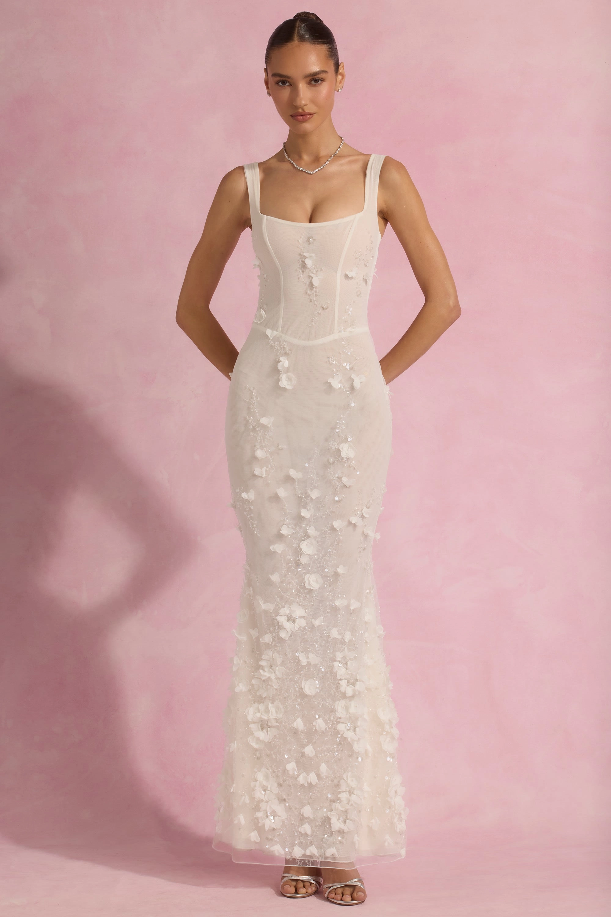 Embellished Fishtail Corset Gown in White