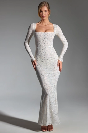 Embellished Fishtail Maxi Dress in White Dresses outlet online