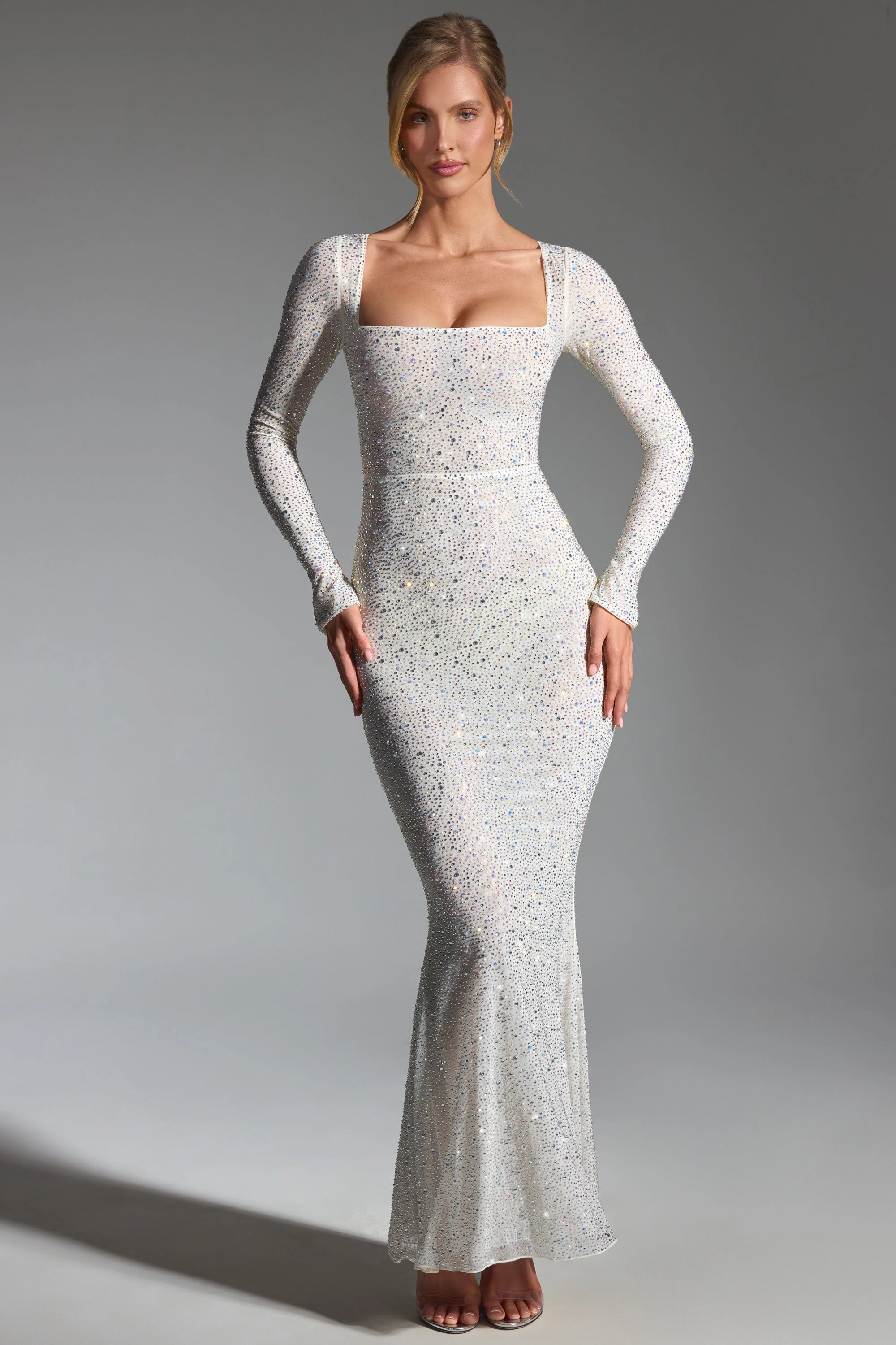 Embellished Fishtail Maxi Dress in White Dresses outlet online