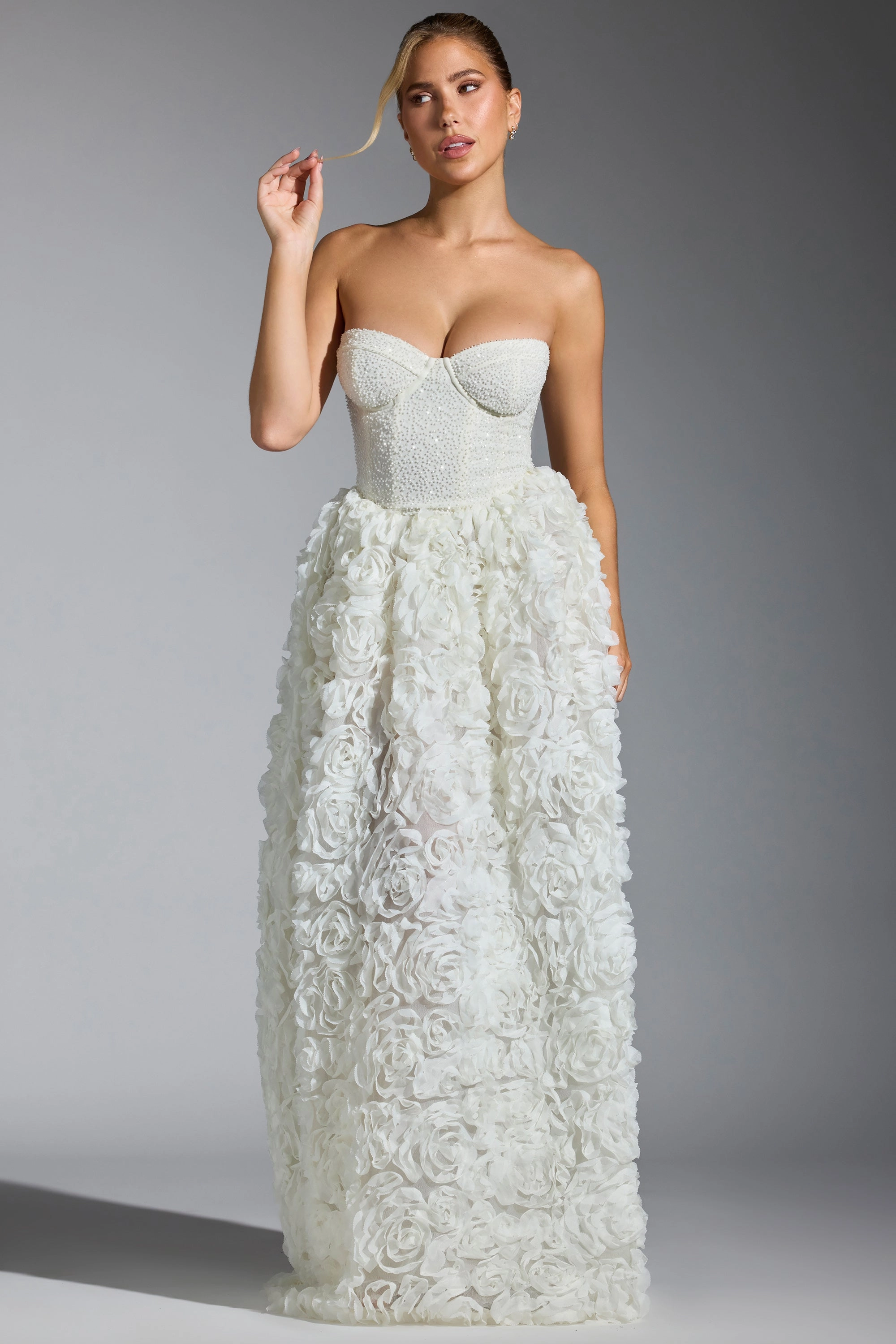 Embellished Floral-Appliqu Corset Gown in White