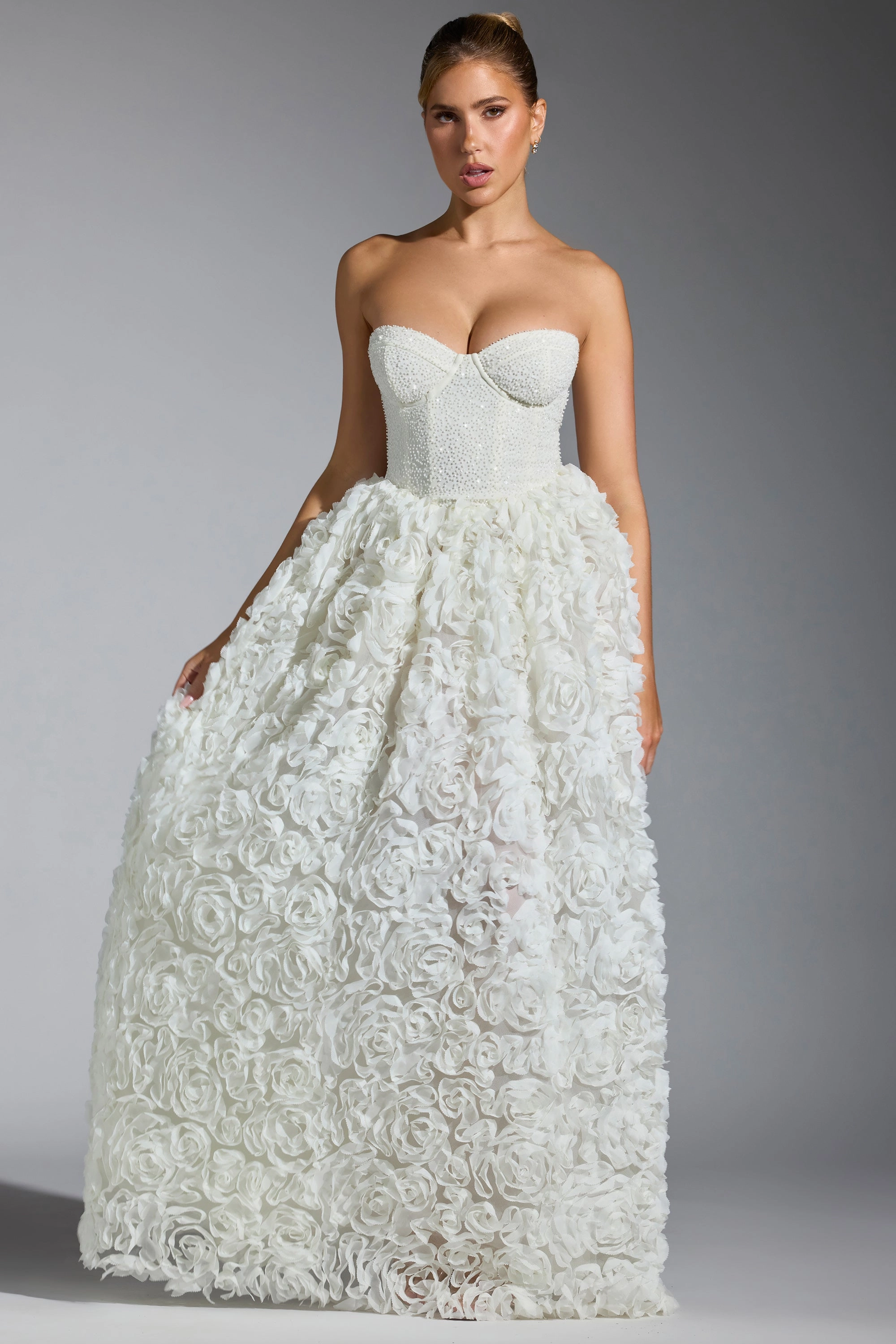 Embellished Floral-Appliqu Corset Gown in White