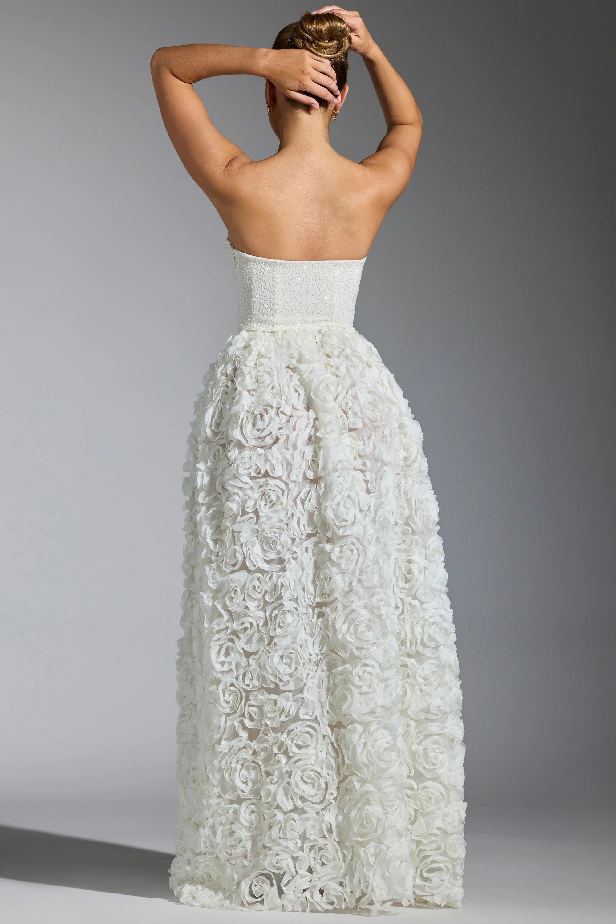 Embellished Floral-Appliqu Corset Gown in White