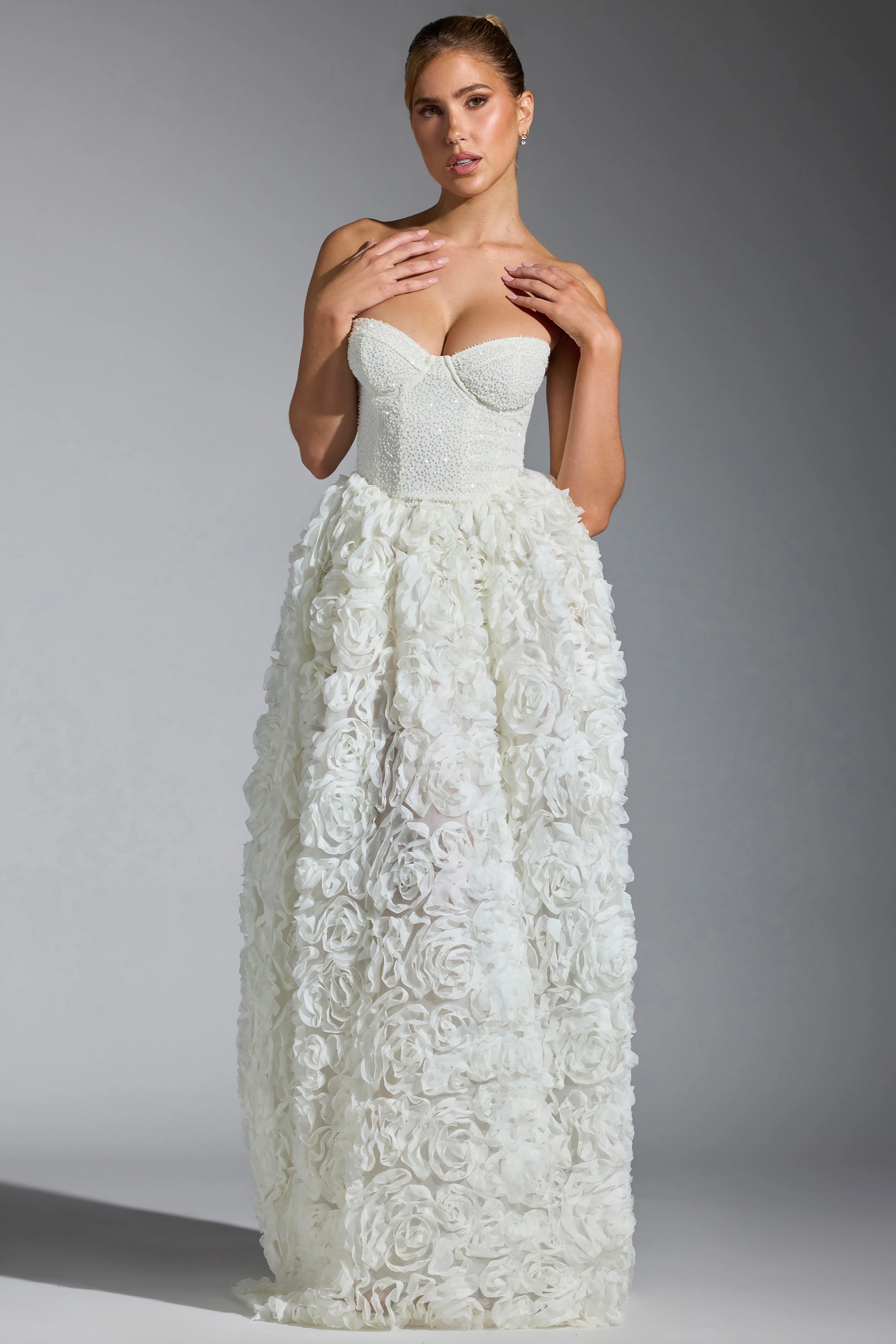 Embellished Floral-Appliqu Corset Gown in White