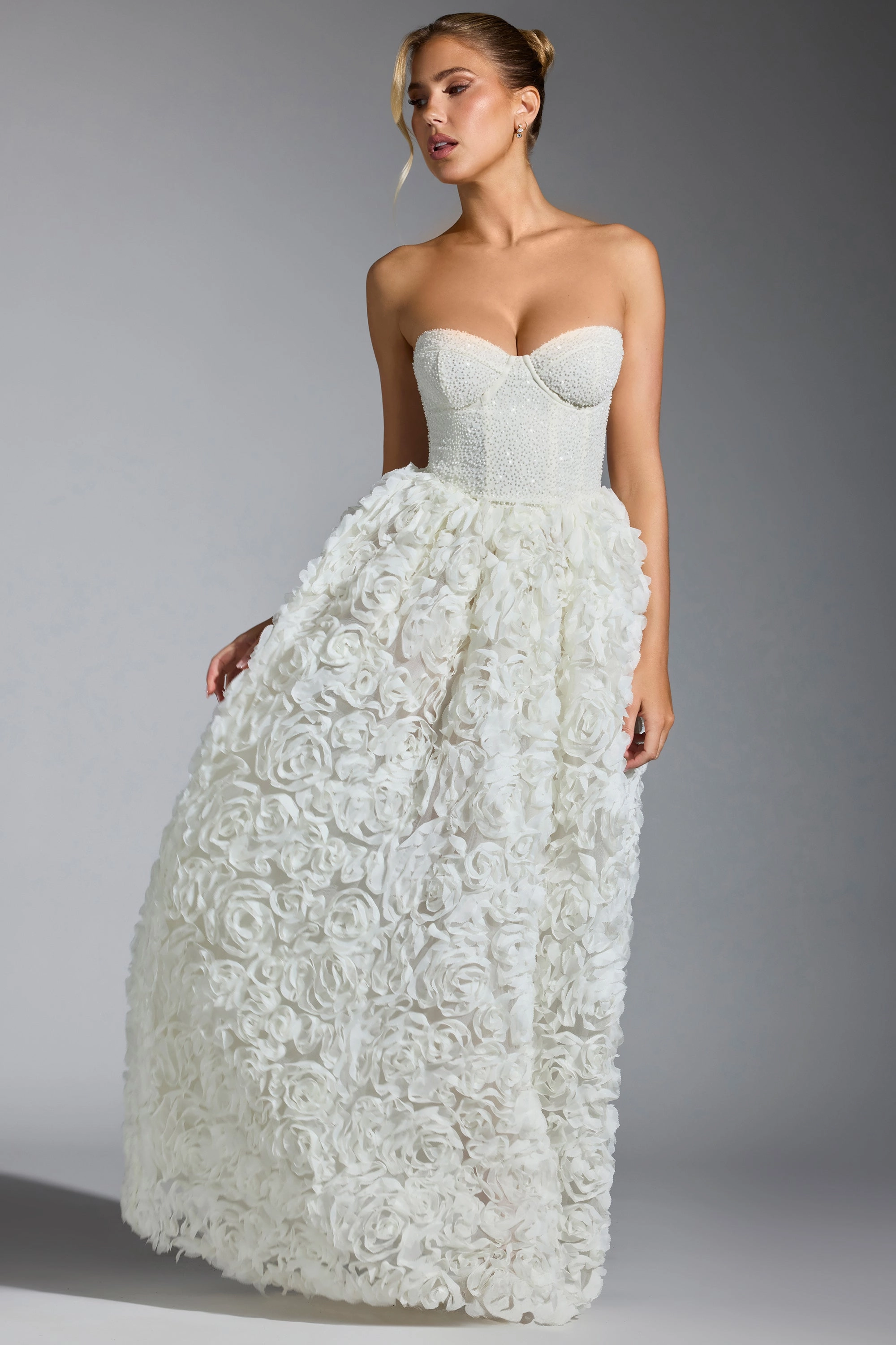 Embellished Floral-Appliqu Corset Gown in White