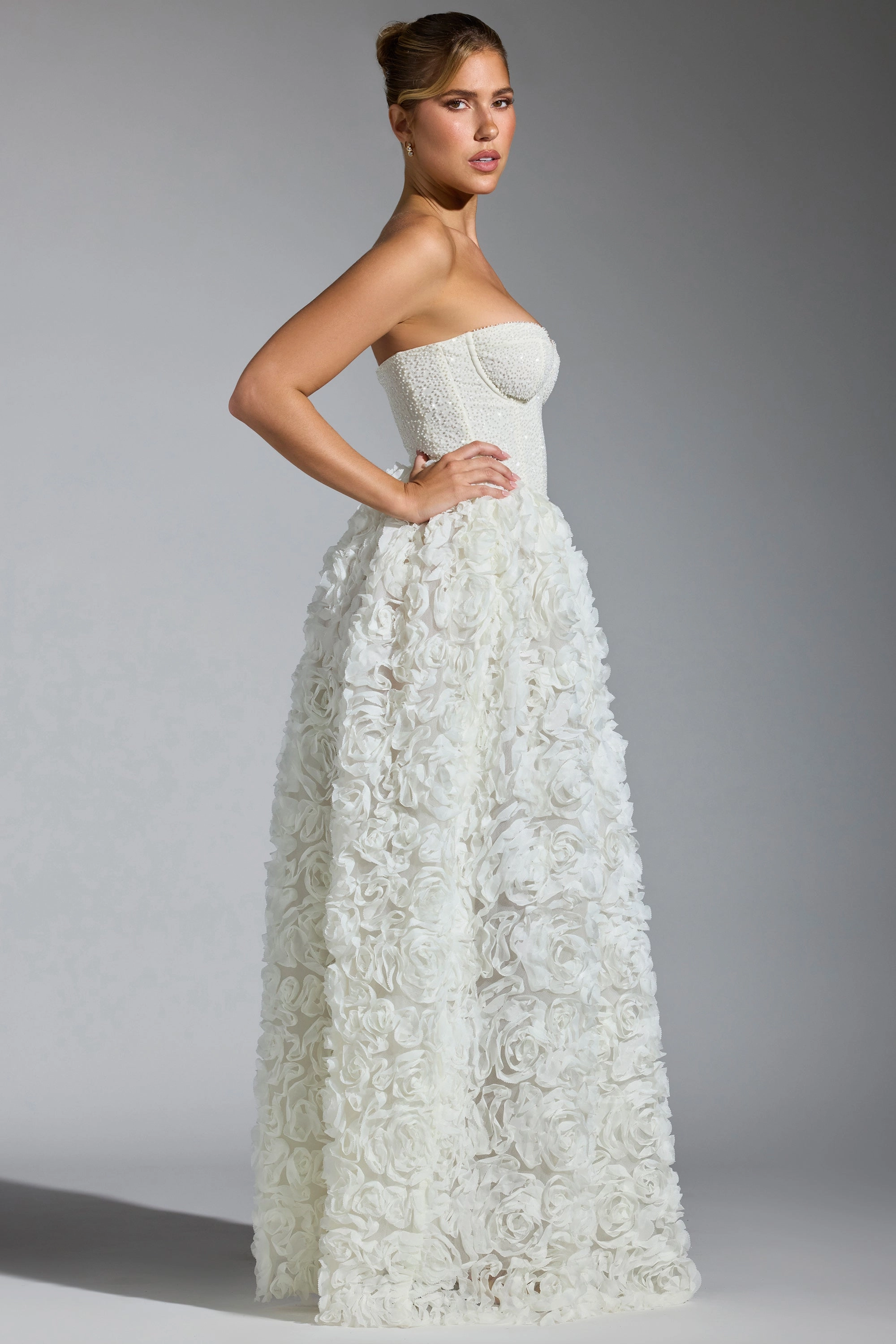Embellished Floral-Appliqu Corset Gown in White