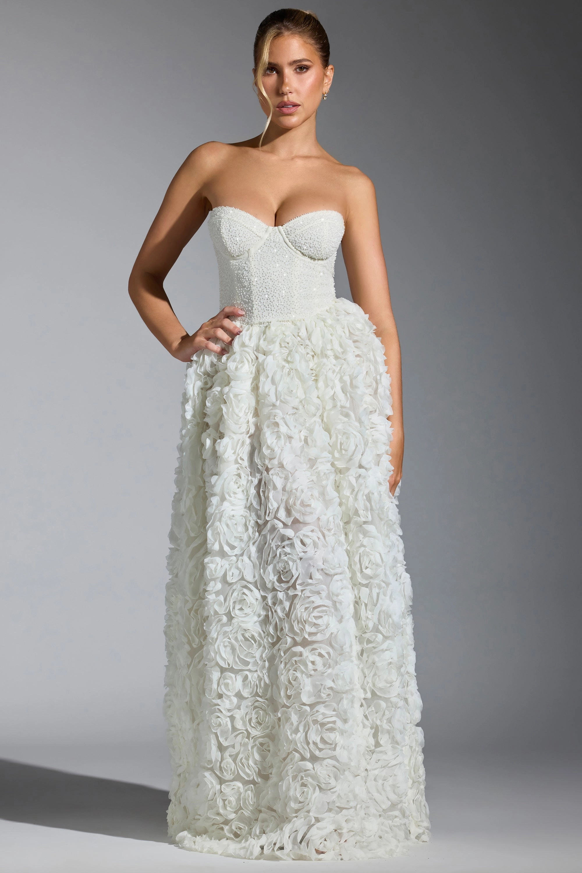 Embellished Floral-Appliqu Corset Gown in White Dresses - maxi dresses best price
