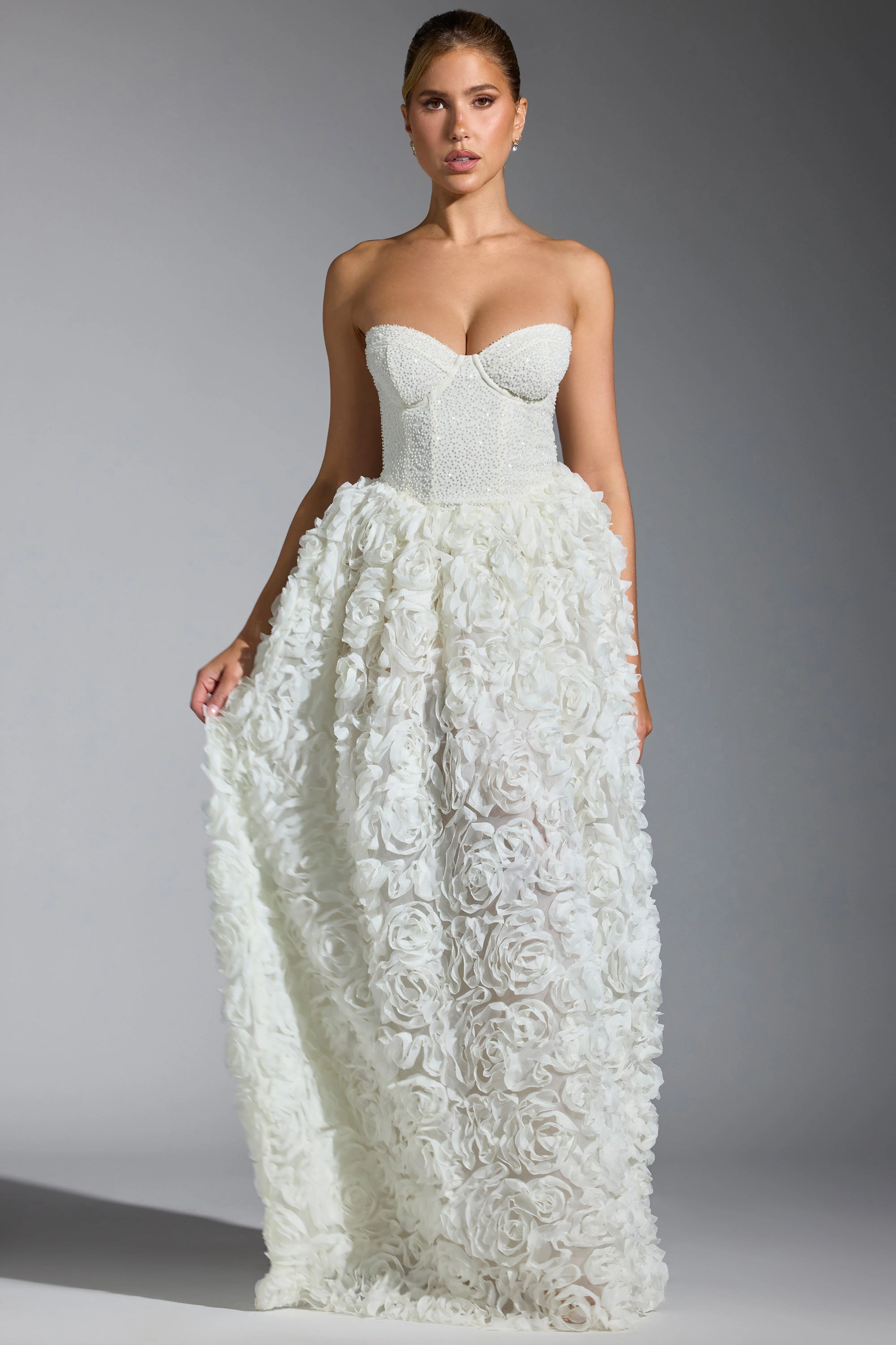 Embellished Floral-Appliqu Corset Gown in White
