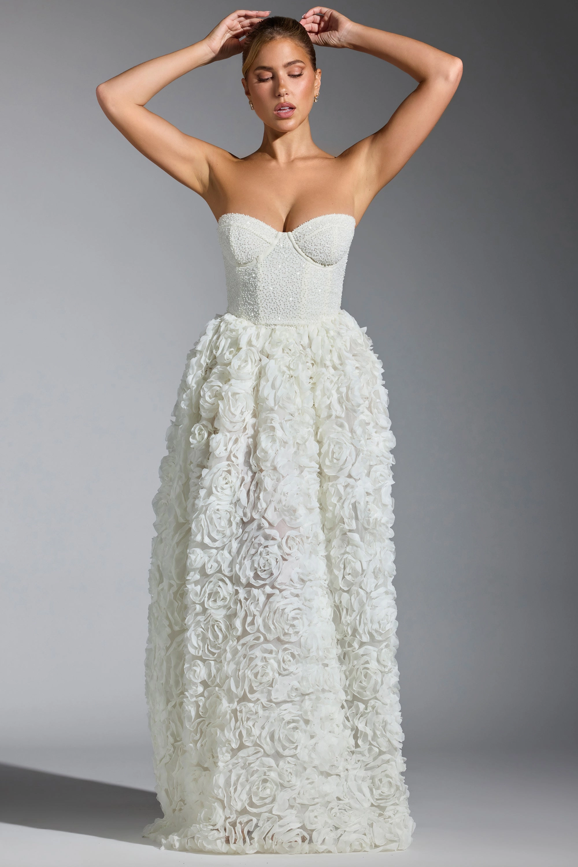 Embellished Floral-Appliqu Corset Gown in White