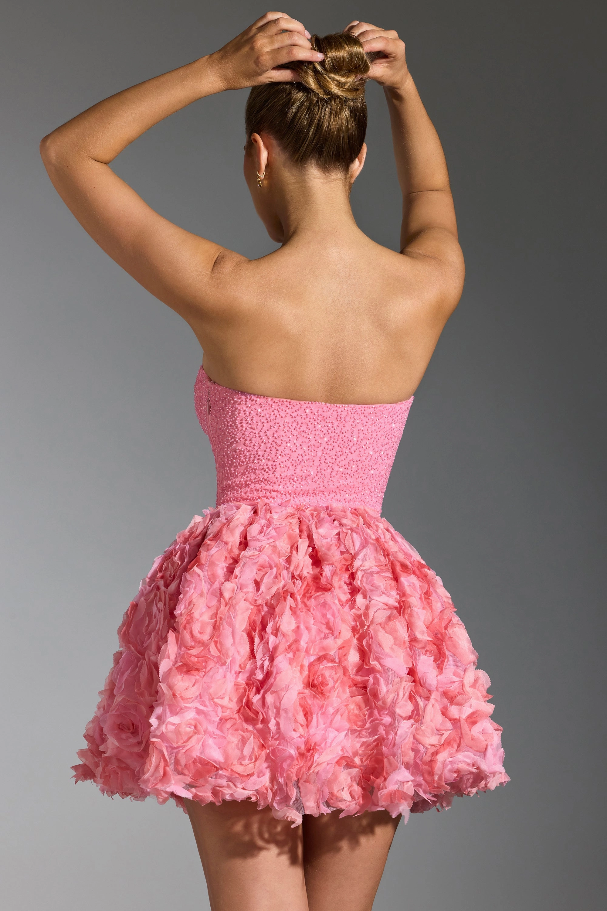 Embellished Floral-Appliqu Lace-Up Mini Dress in Pink