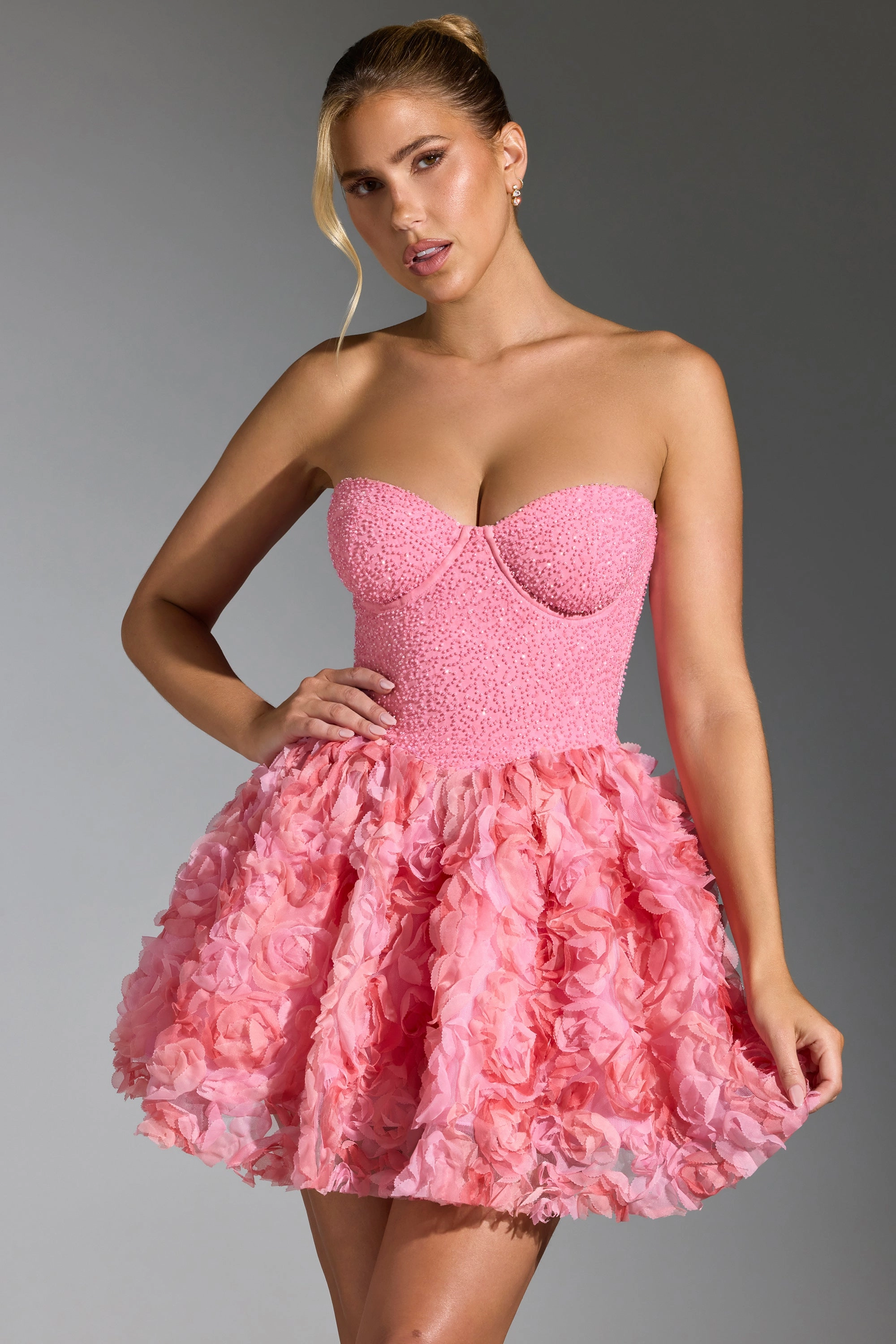 Embellished Floral-Appliqu Lace-Up Mini Dress in Pink