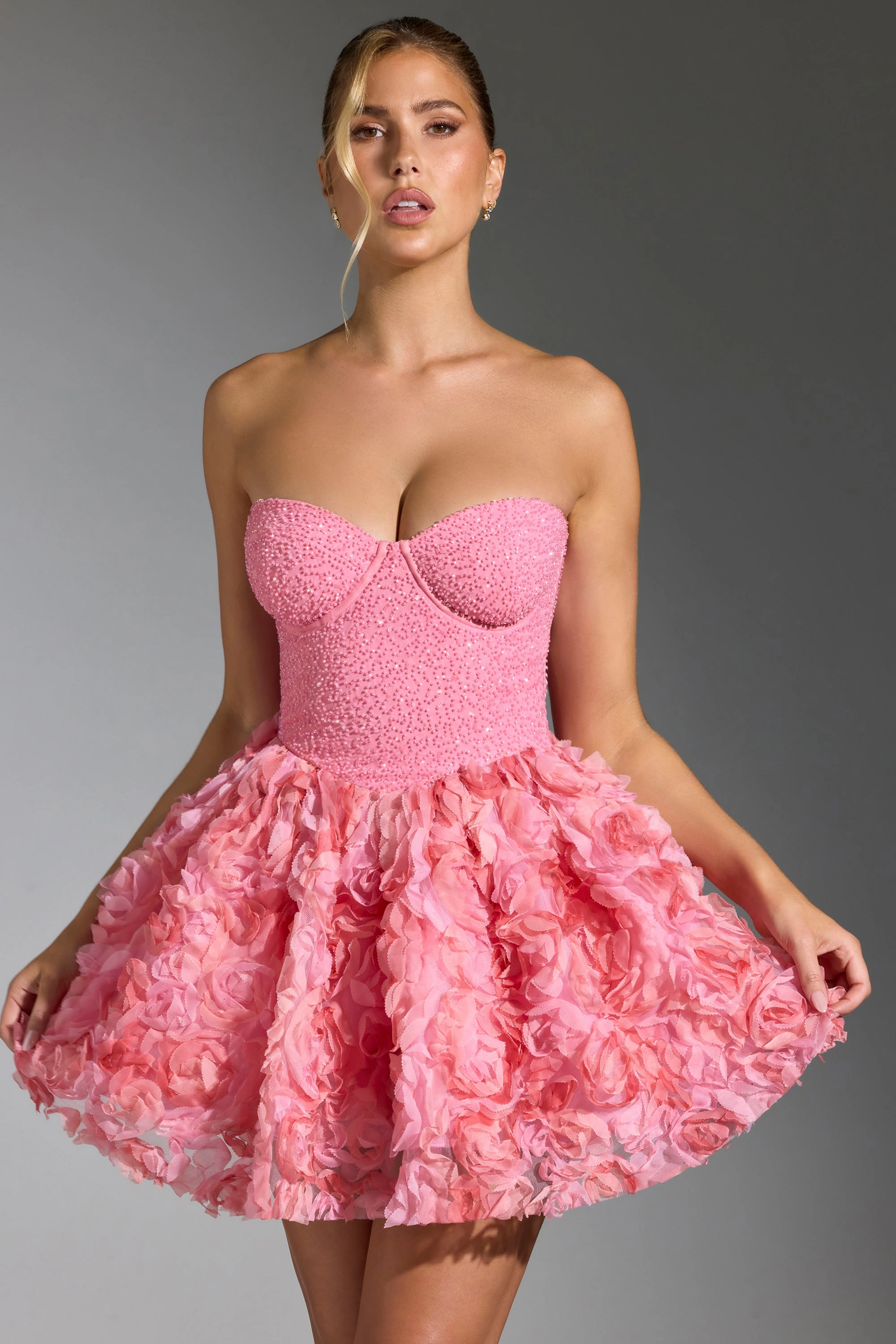 Embellished Floral-Appliqu Lace-Up Mini Dress in Pink
