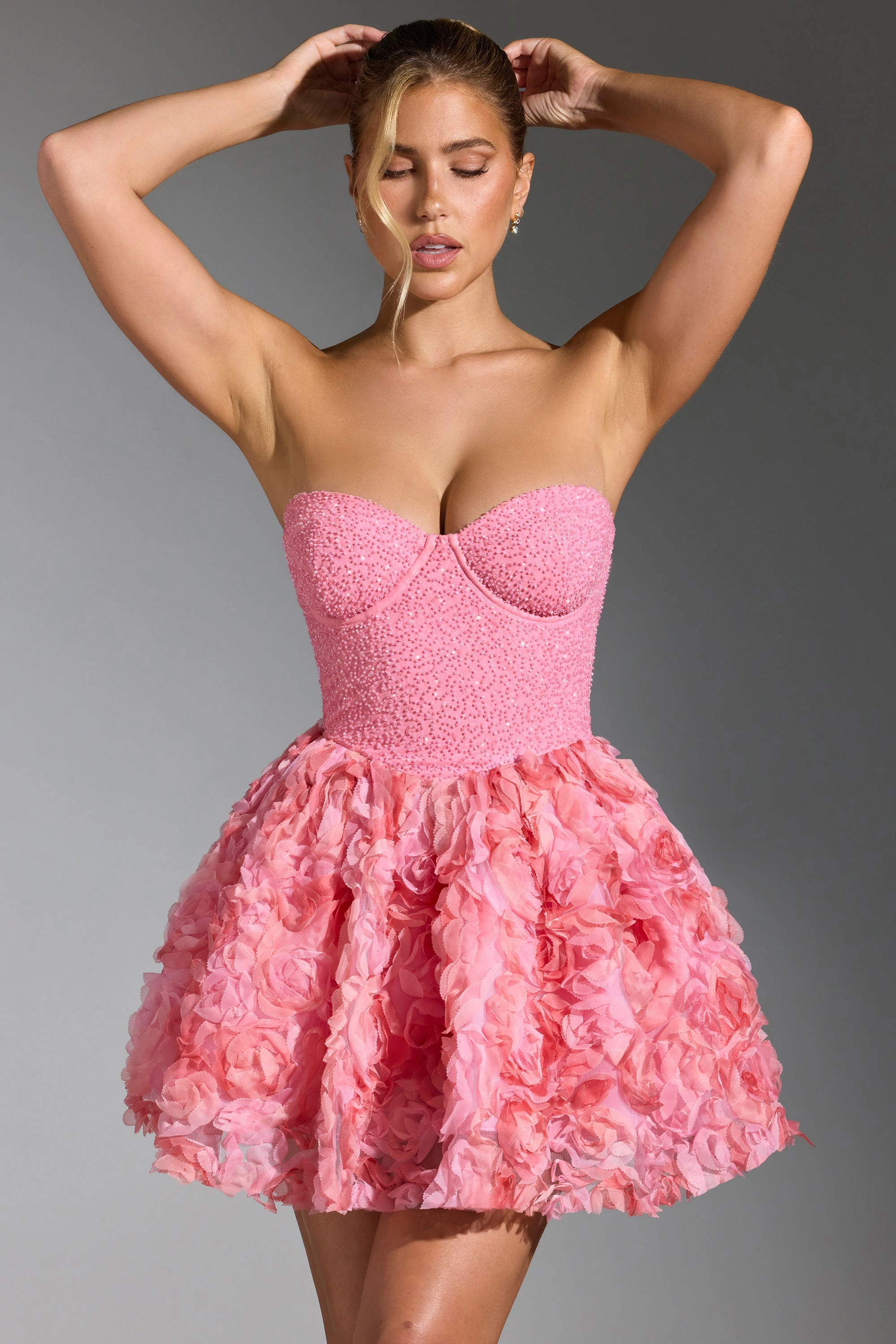Embellished Floral-Appliqu Lace-Up Mini Dress in Pink