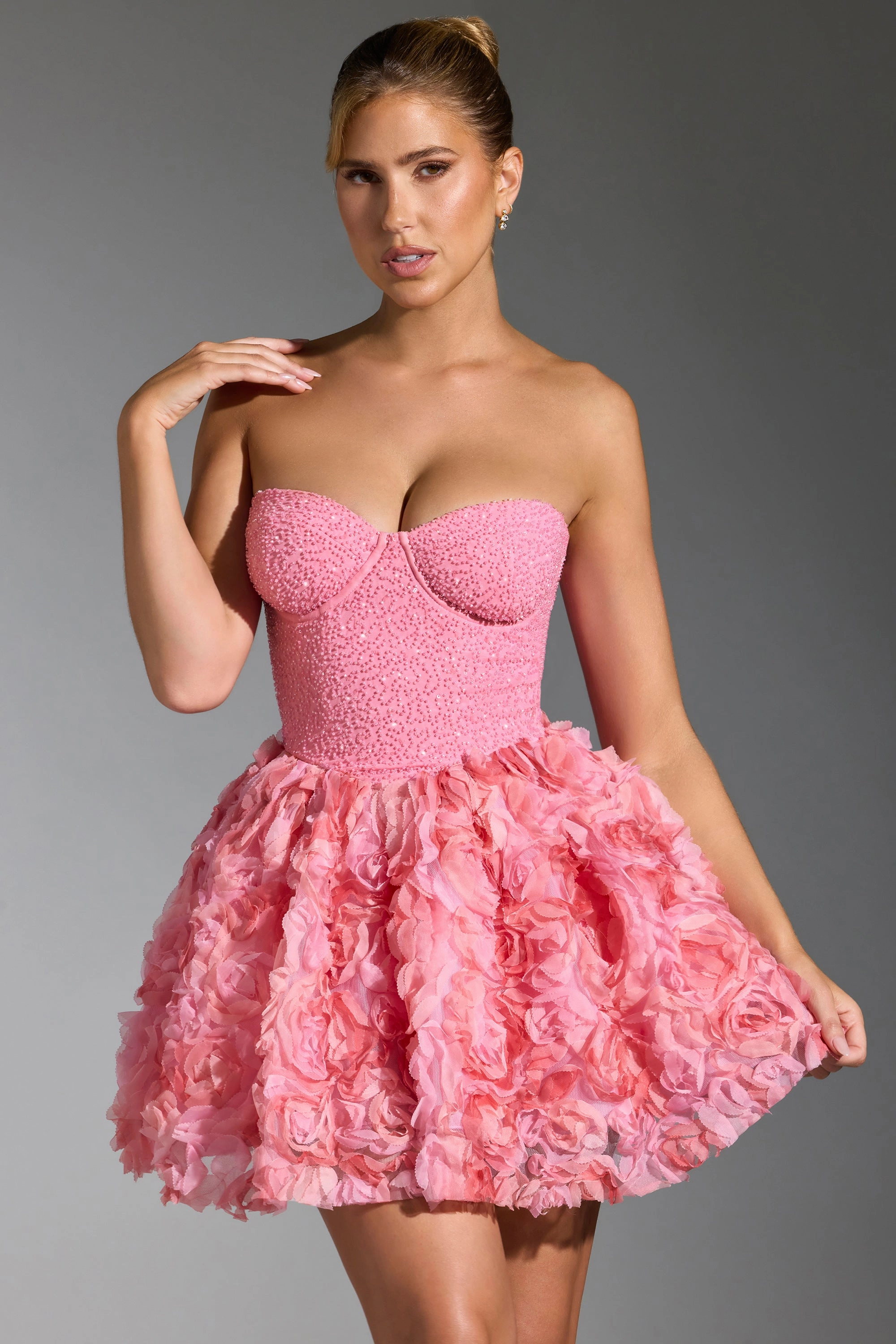 Embellished Floral-Appliqu Lace-Up Mini Dress in Pink