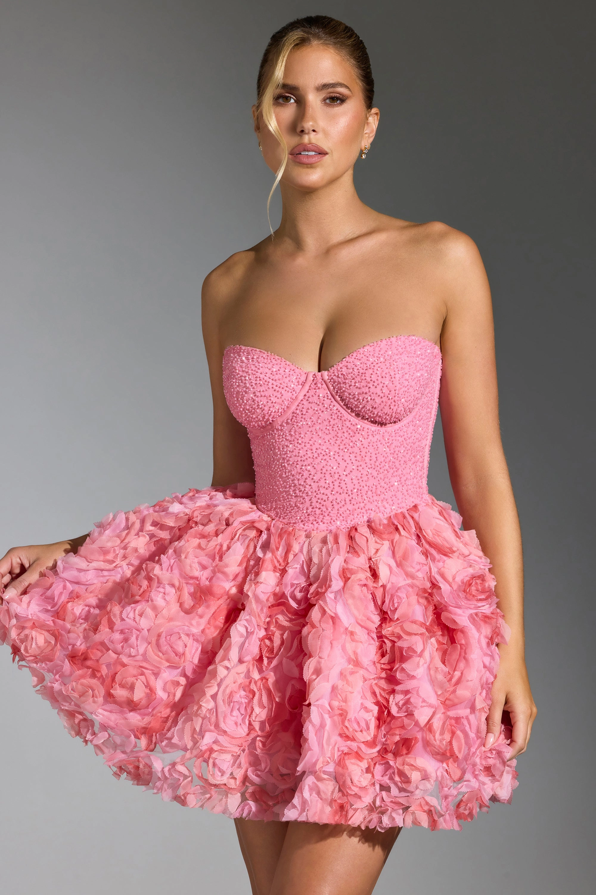 Embellished Floral-Appliqu Lace-Up Mini Dress in Pink