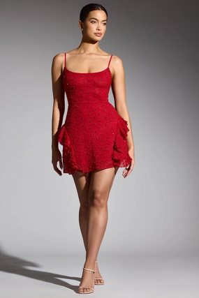 Embellished Frill Mini Dress in Red shop for Dresses online
