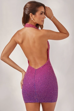 Embellished Halter Neck Mini Dress in Pink/Purple Ombr Dresses best price