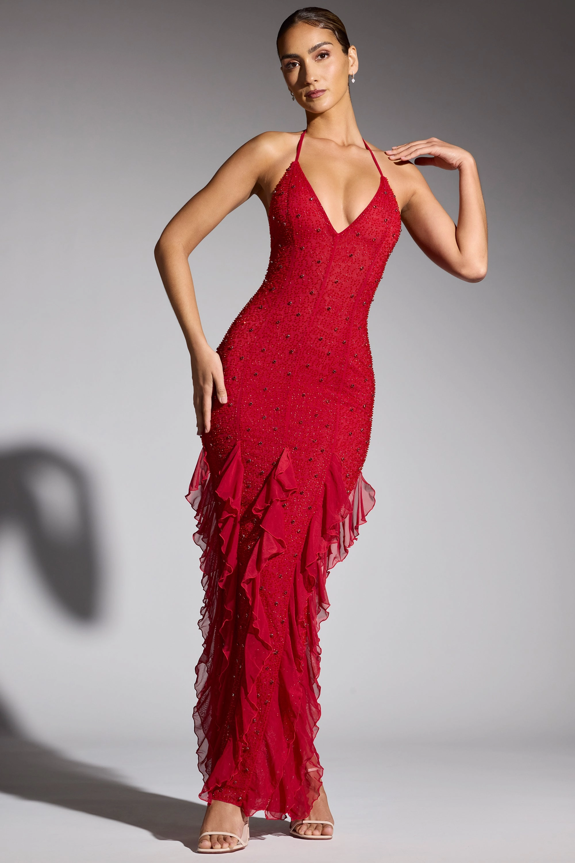 Embellished Halter Neck Ruffle Maxi Dress in Red shop for Dresses online