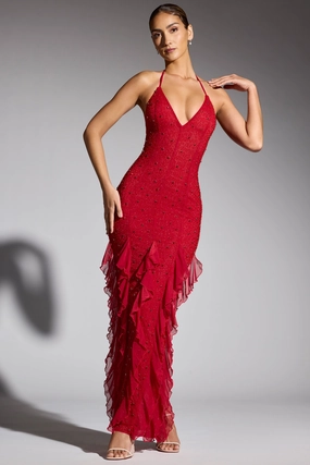 Embellished Halter Neck Ruffle Maxi Dress in Red shop for Dresses online