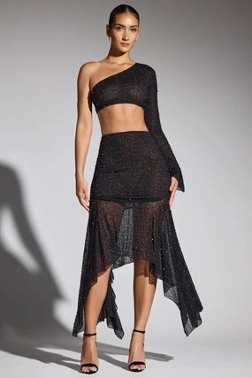 Embellished Handkerchief Hem Skirt in Black Bottoms Womens - women's pants clearance