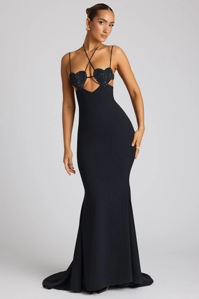 Embellished Heart Cup Detail Evening Gown in Black Dresses - maxi dresses best price