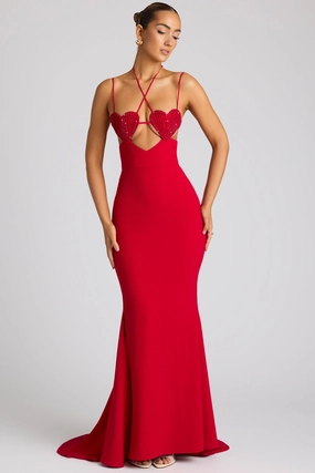 Embellished Heart Cup Detail Evening Gown in Fire Red Dresses - maxi dresses best price