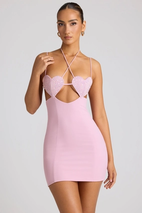 Embellished Heart Cup Detail Mini Dress in Soft Pink Dresses best price