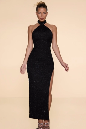 Embellished High Neck Split Maxi Dress in Black Dresses - dresses on sale