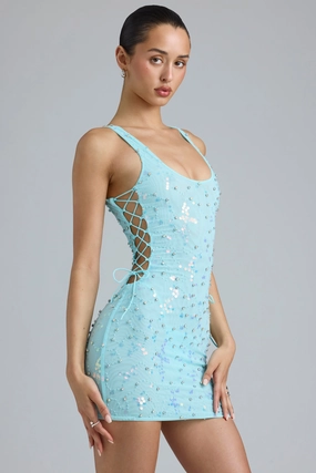Embellished Lace-Up Mini Dress in Ice Blue Dresses - evening gowns outlet