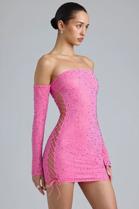 Embellished Lace-Up Off-Shoulder Mini Dress in Bubblegum Pink Dresses best price