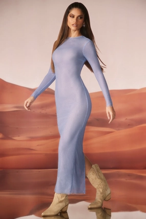 Embellished Long Sleeve Maxi Dress in Blue Dresses - evening gowns outlet
