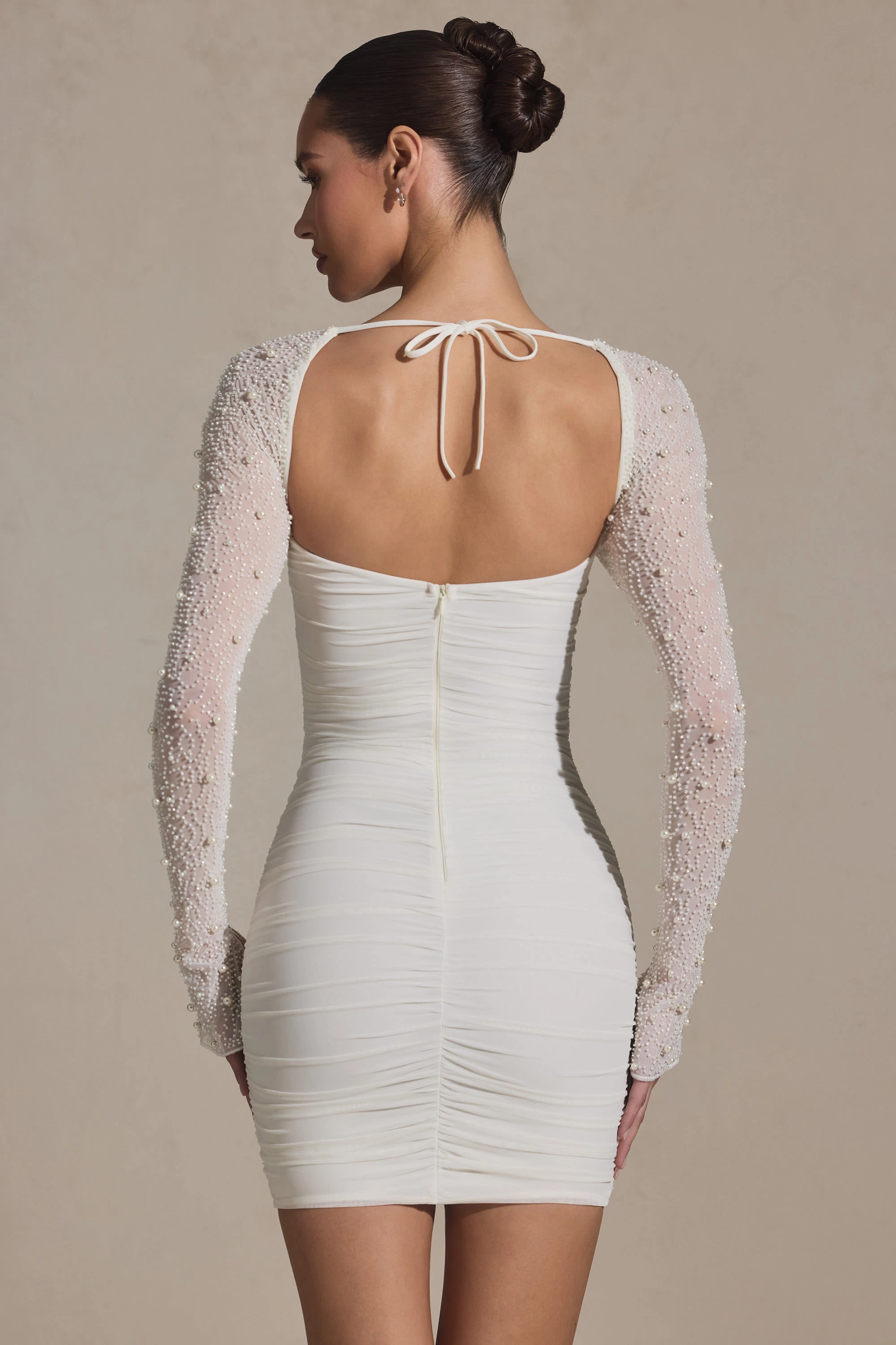 Embellished Long-Sleeve Mini Dress in White