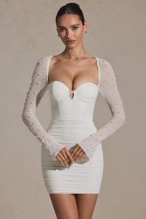 Embellished Long-Sleeve Mini Dress in White Dresses outlet online