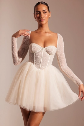 Embellished Long Sleeve Tulle Skirt Mini Dress in Ivory Dresses outlet online