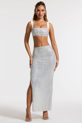 Embellished Mid Rise Gown Skirt in Silver Bottoms Womens - women's pants clearance