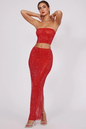 Embellished Mid Rise Maxi Skirt in Fire Red Bottoms Womens - women's pants clearance