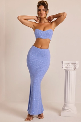 Embellished Mid-Rise Maxi Skirt in Powder Blue Bottoms Womens - women's pants clearance
