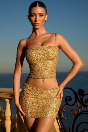 Embellished Mid-Rise Micro Mini Skirt in Gold Bottoms Womens - women's pants clearance