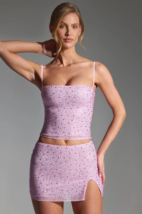 Embellished Mid-Rise Micro Mini Skirt in Peony Pink Bottoms Womens - women's pants clearance