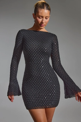 Embellished Open-Back A-Line Mini Dress in Black Dresses - dresses on sale
