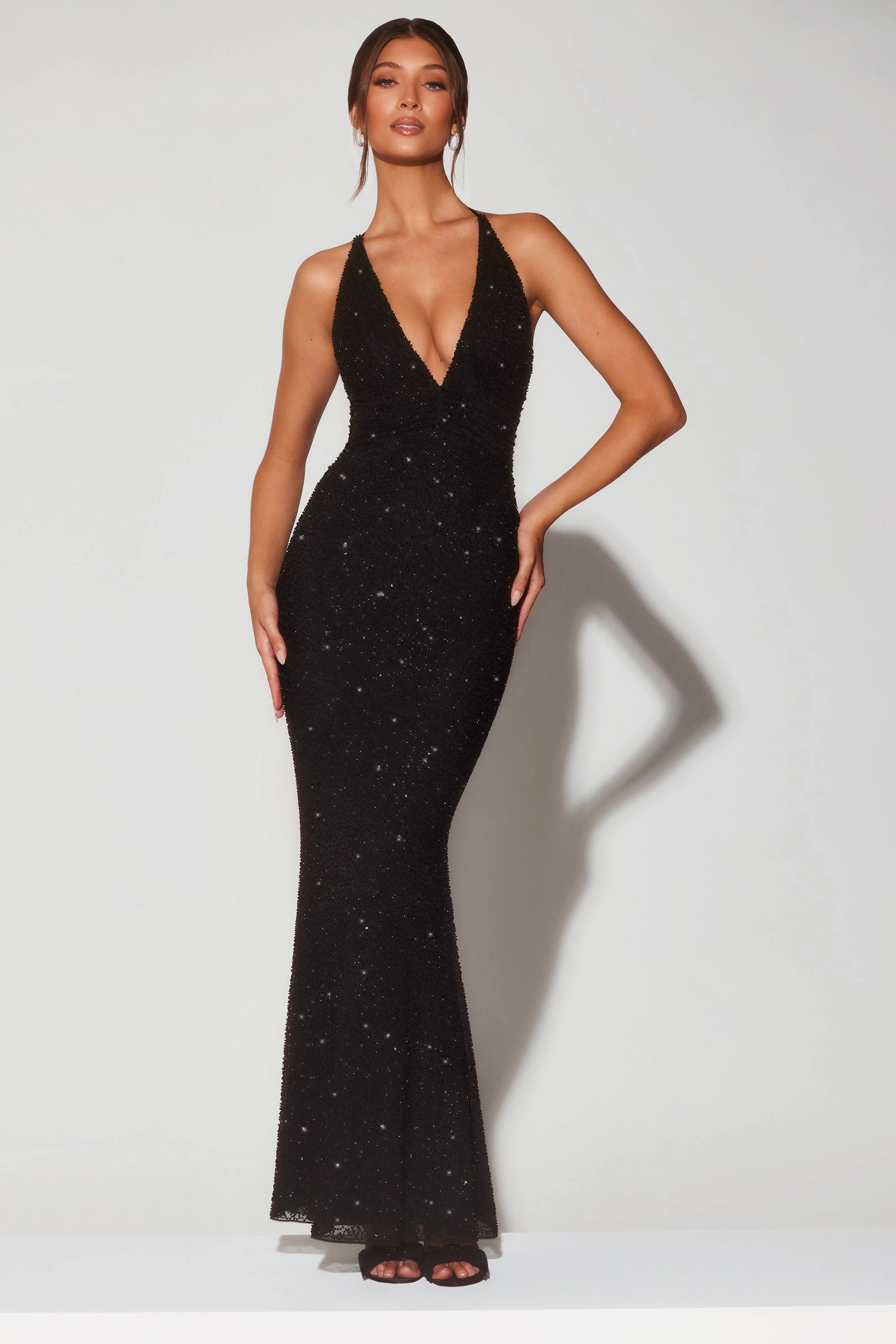 Embellished Plunge Halter Neck Evening Gown in Black Dresses - maxi dresses best price