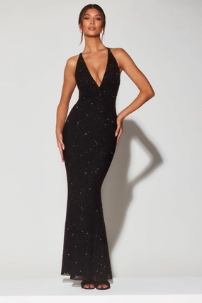 Embellished Plunge Halter Neck Evening Gown in Black Dresses - maxi dresses best price