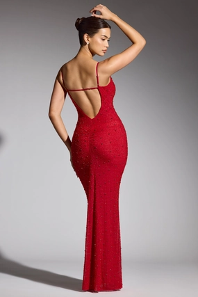 Embellished Plunge Neck Evening Gown in Red shop for Dresses online