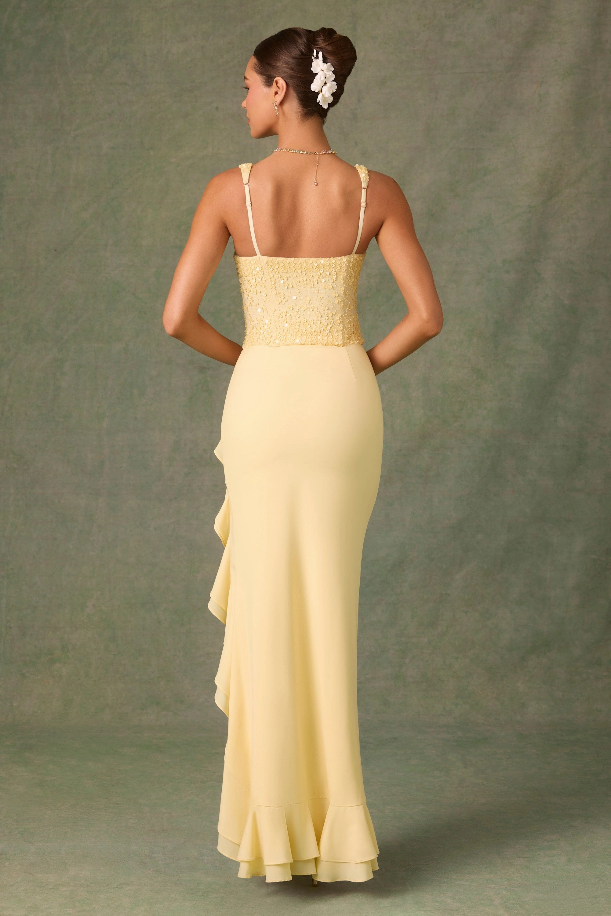Embellished Ruffle-Trim Corset Gown in Yellow
