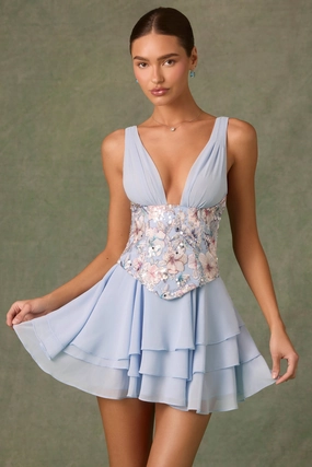 Embellished Ruffled Corset Mini Dress in Floral Blue Dresses - evening gowns outlet