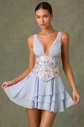 Embellished Ruffled Corset Mini Dress in Floral Blue Dresses - party dresses cheap