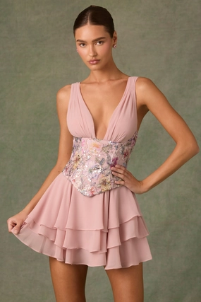 Embellished Ruffled Corset Mini Dress in Floral Pink Dresses - party dresses cheap