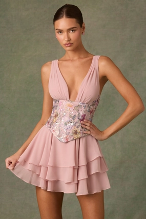 Embellished Ruffled Corset Mini Dress in Floral Pink Dresses best price