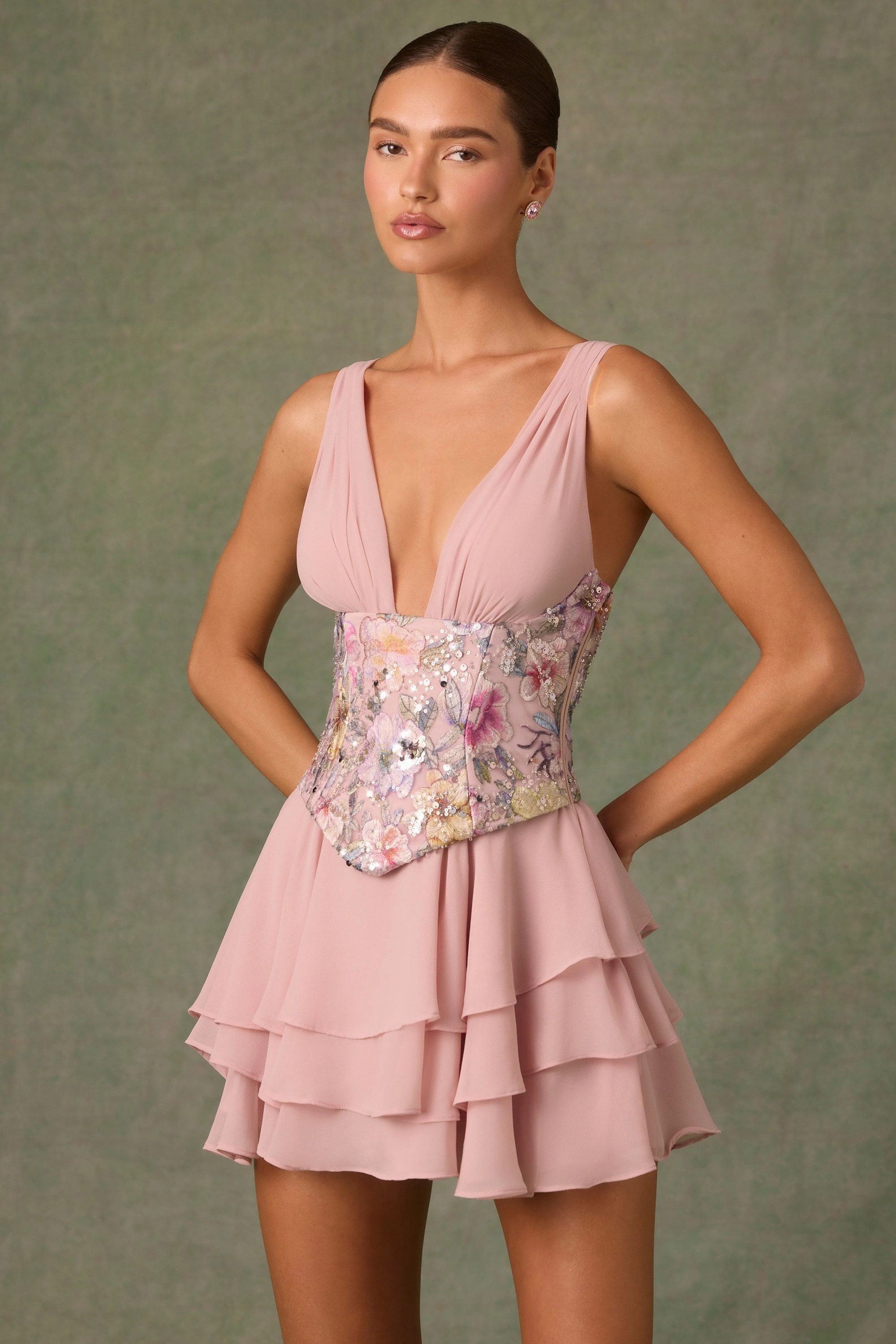 Embellished Ruffled Corset Mini Dress in Floral Pink